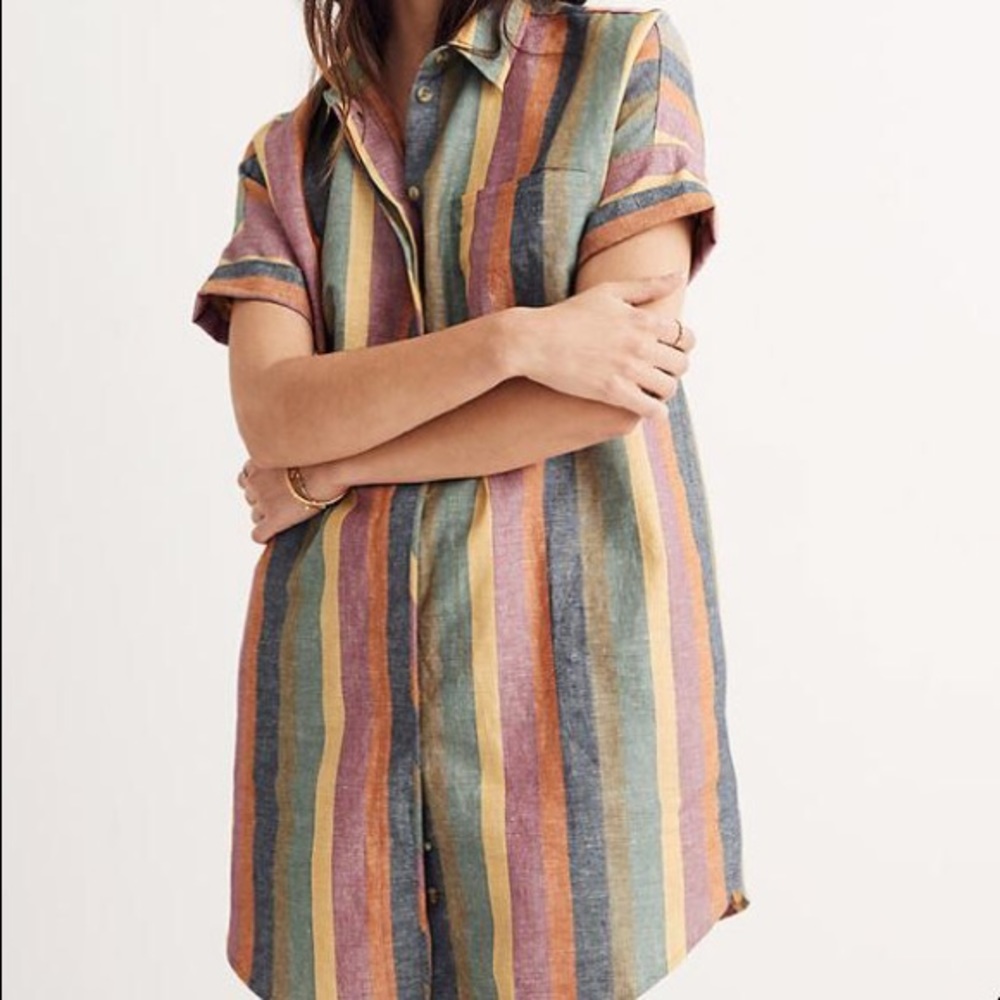 Madewell Courier Shirtdress in Rainbow Stripe.